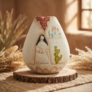 VTG Hand-painted Ceramic Pottery Vase Desert Scene & Motifs Tonala Art Style